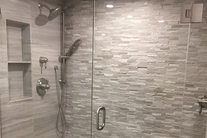 Large walk in shower with beautiful tiles