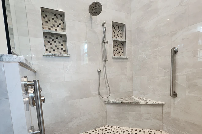 Walk in shower with different bathroom tile