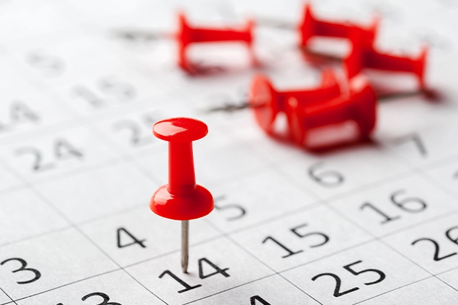 Calendar with pins representing the kitchen remodel timeline