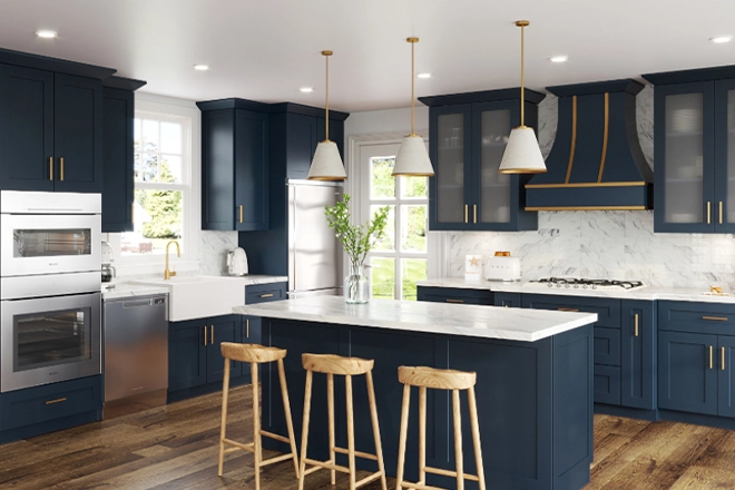 Kitchen with pendant lights and recessed lights