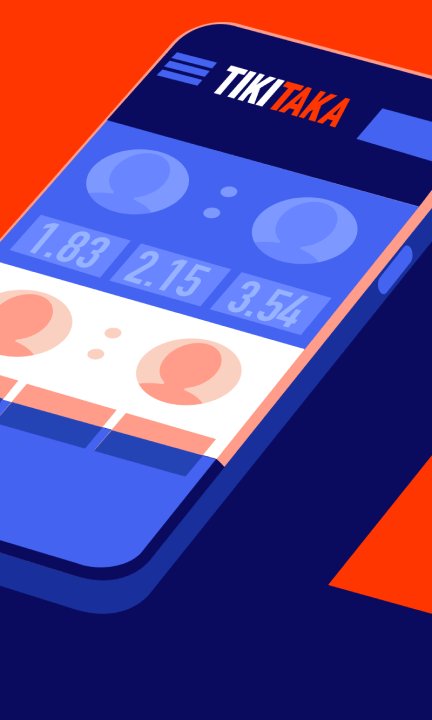 Blue handheld payment terminal with the TIKITAKA logo on its screen, displaying numeric panels and circular icons.