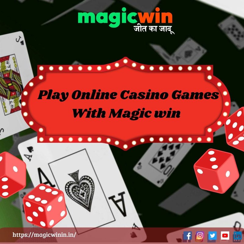 Red marquee banner reads 'Play Online Casino Games With Magic win' over scattered playing cards and red dice; branding 'magicwin' at top with a dark background and a bottom bar showing the site URL and social icons.